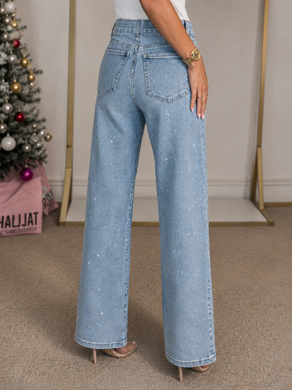 Jean Élégance Cristal -Taille Haute Coupe Droite Premium
